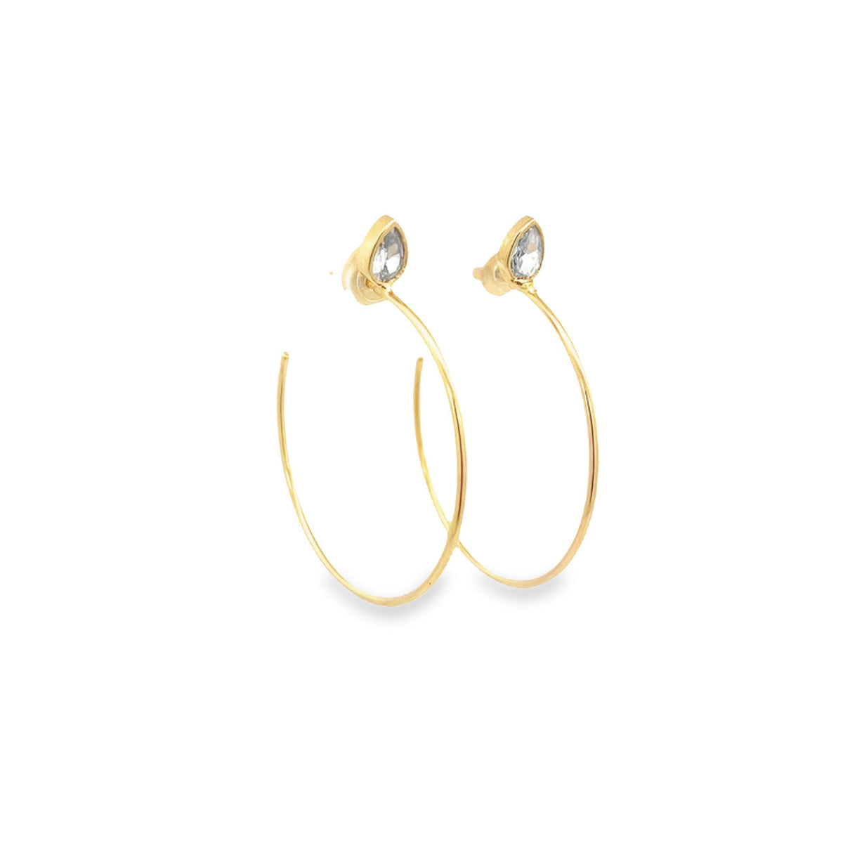 A pair of elegant gold hoop earrings feature sparkling teardrop-shaped crystal studs.