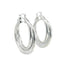 A pair of polished silver double-hoop earrings gleams against a clean white background.