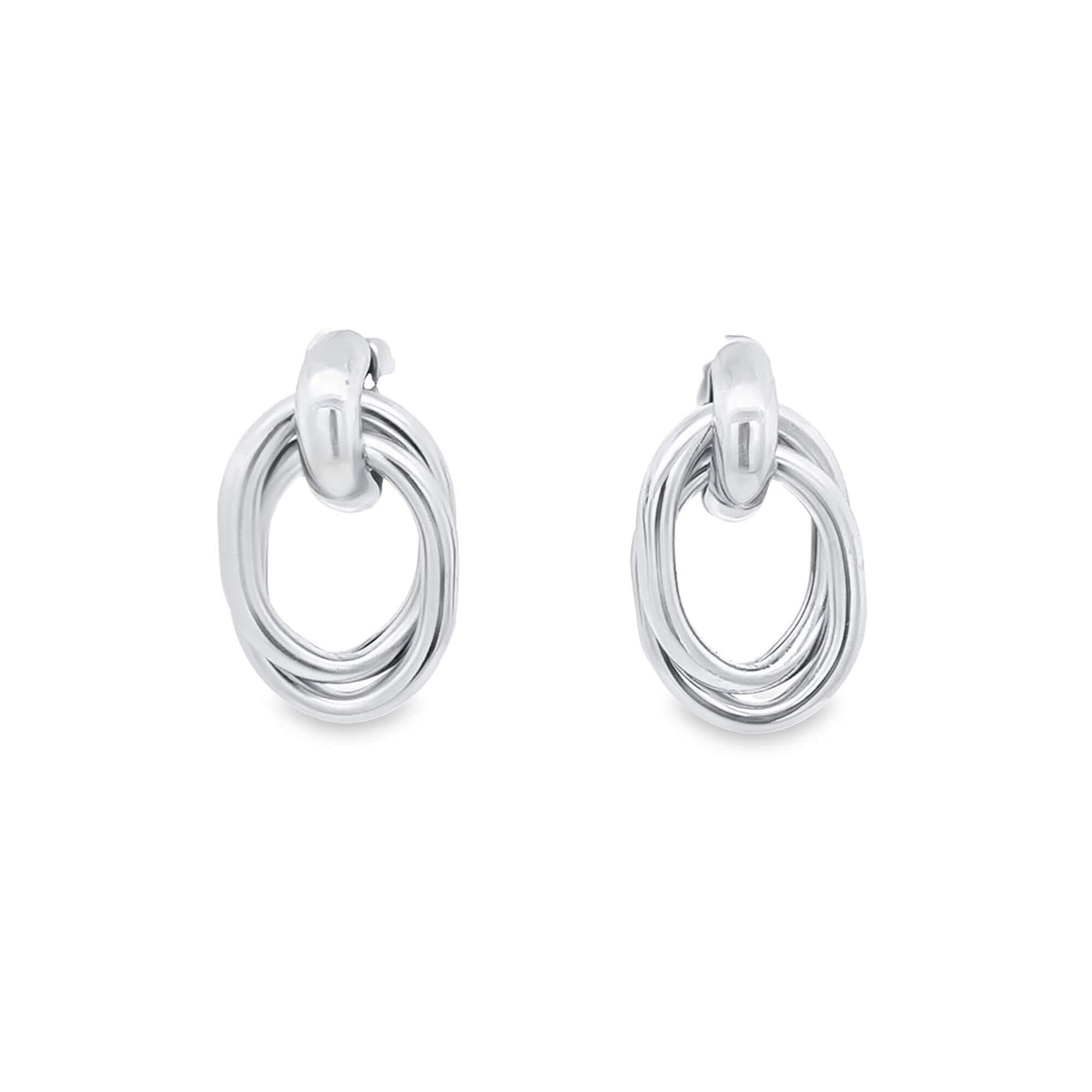 A pair of shiny silver multi-hoop earrings featuring interlocking oval rings hangs against a plain white background.
