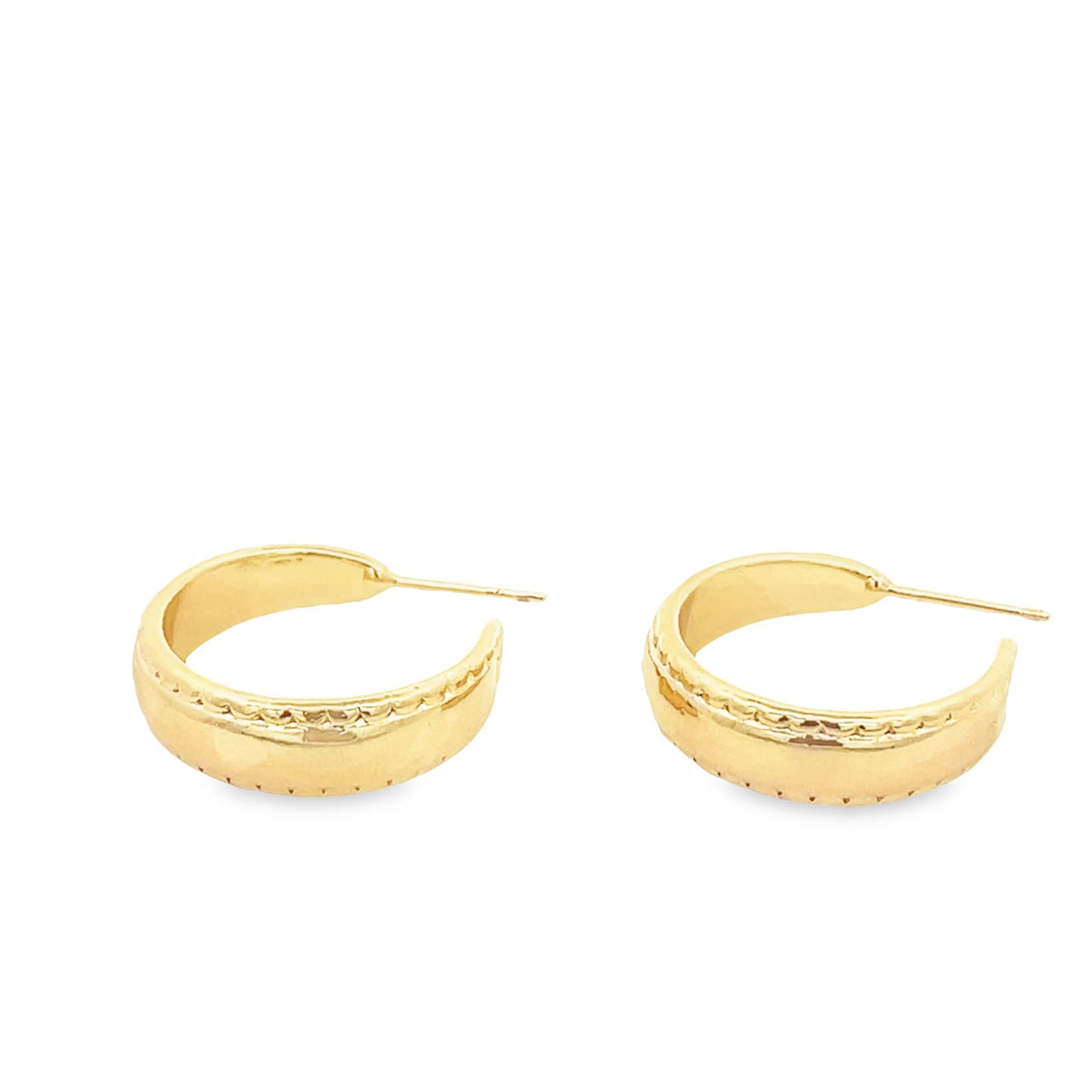 A pair of polished gold hoop earrings featuring delicate textured details sits against a clean white background.