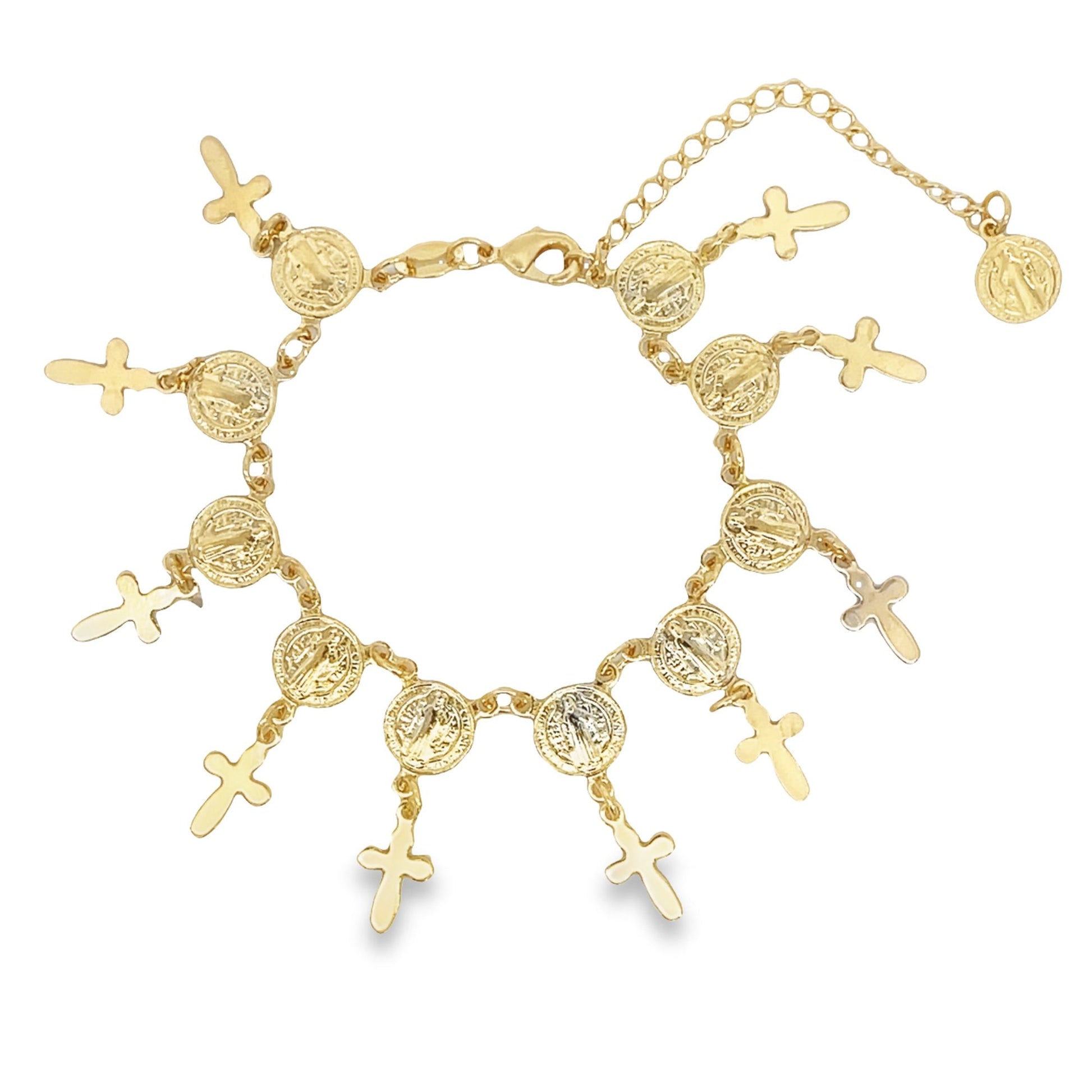 A gold charm bracelet features alternating religious coin medals and small cross pendants arranged in a circle.