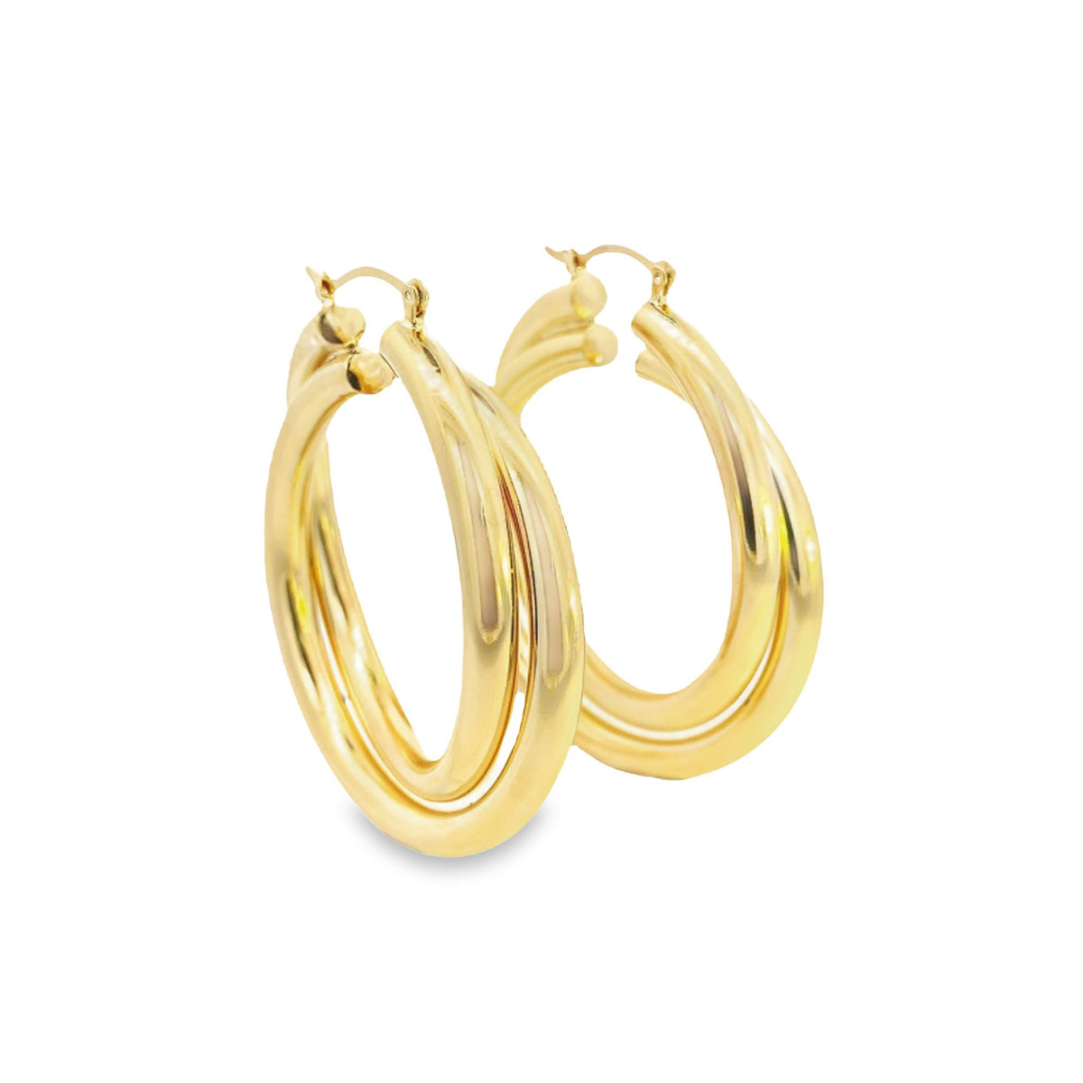 A pair of polished gold hoop earrings displays a sleek, interlocking multi-strand design against a plain white background.