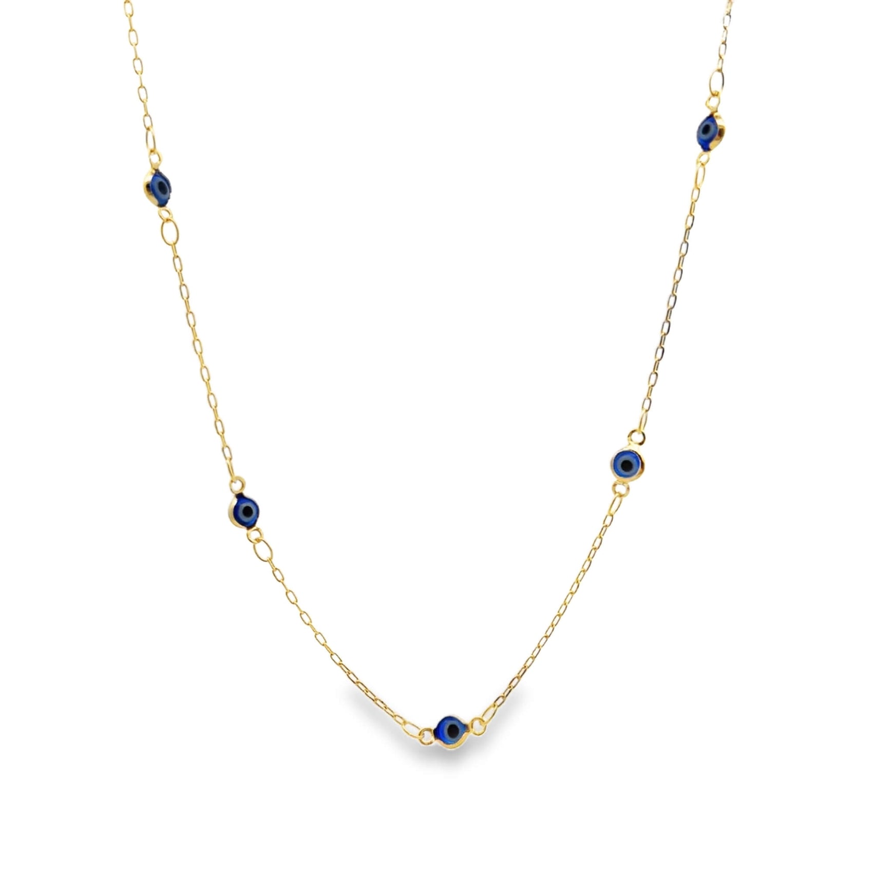 A delicate gold chain necklace features evenly spaced blue and black evil eye charms against a clean white background.