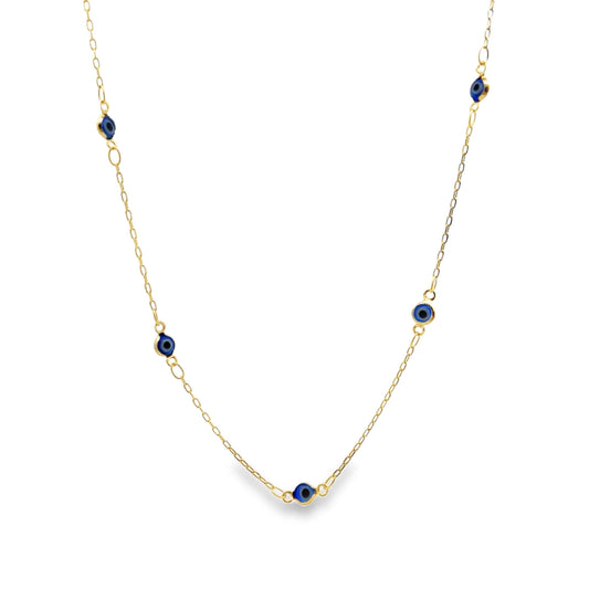 A delicate gold chain necklace features evenly spaced blue and black evil eye charms against a clean white background.