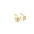 A pair of gold hoop earrings features dangling bezel-set cubic zirconia stones against a clean white background.