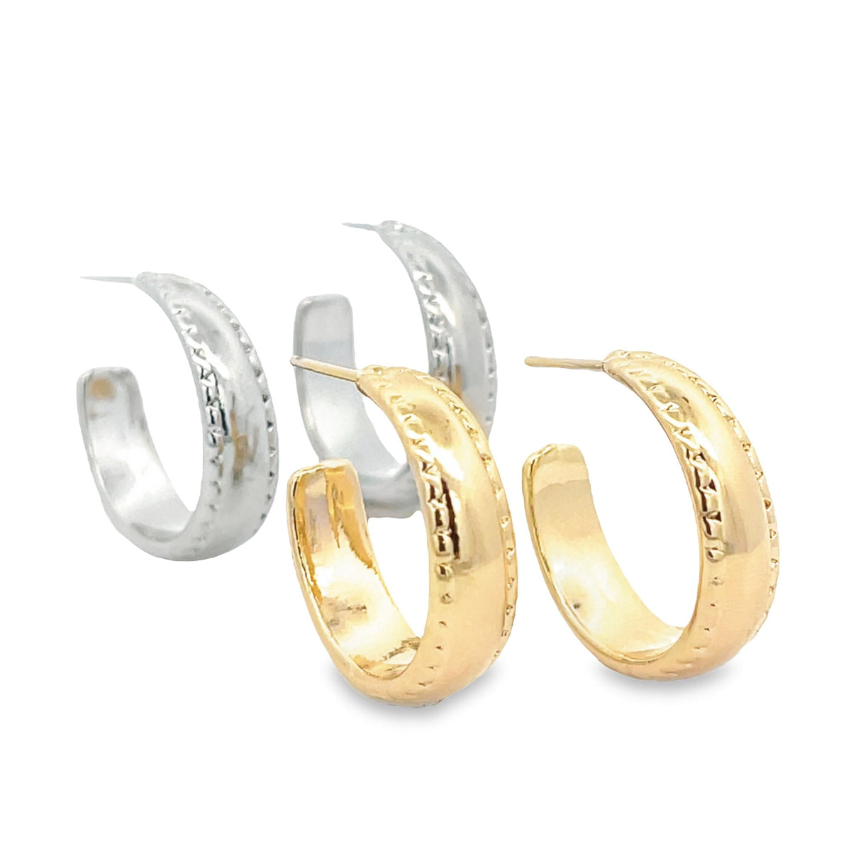 Two gold and two silver textured half-hoop earrings display polished designs against a white background.