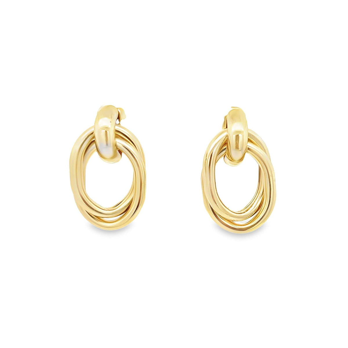 A pair of polished gold multi-hoop earrings featuring interlocking circular designs rests against a clean white background.