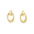 A pair of polished gold multi-hoop earrings featuring interlocking circular designs rests against a clean white background.