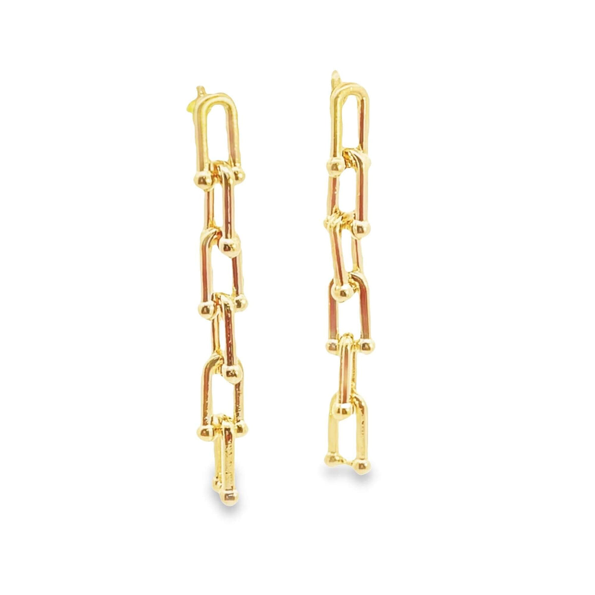 A pair of elegant gold link drop earrings hangs against a clean white background.