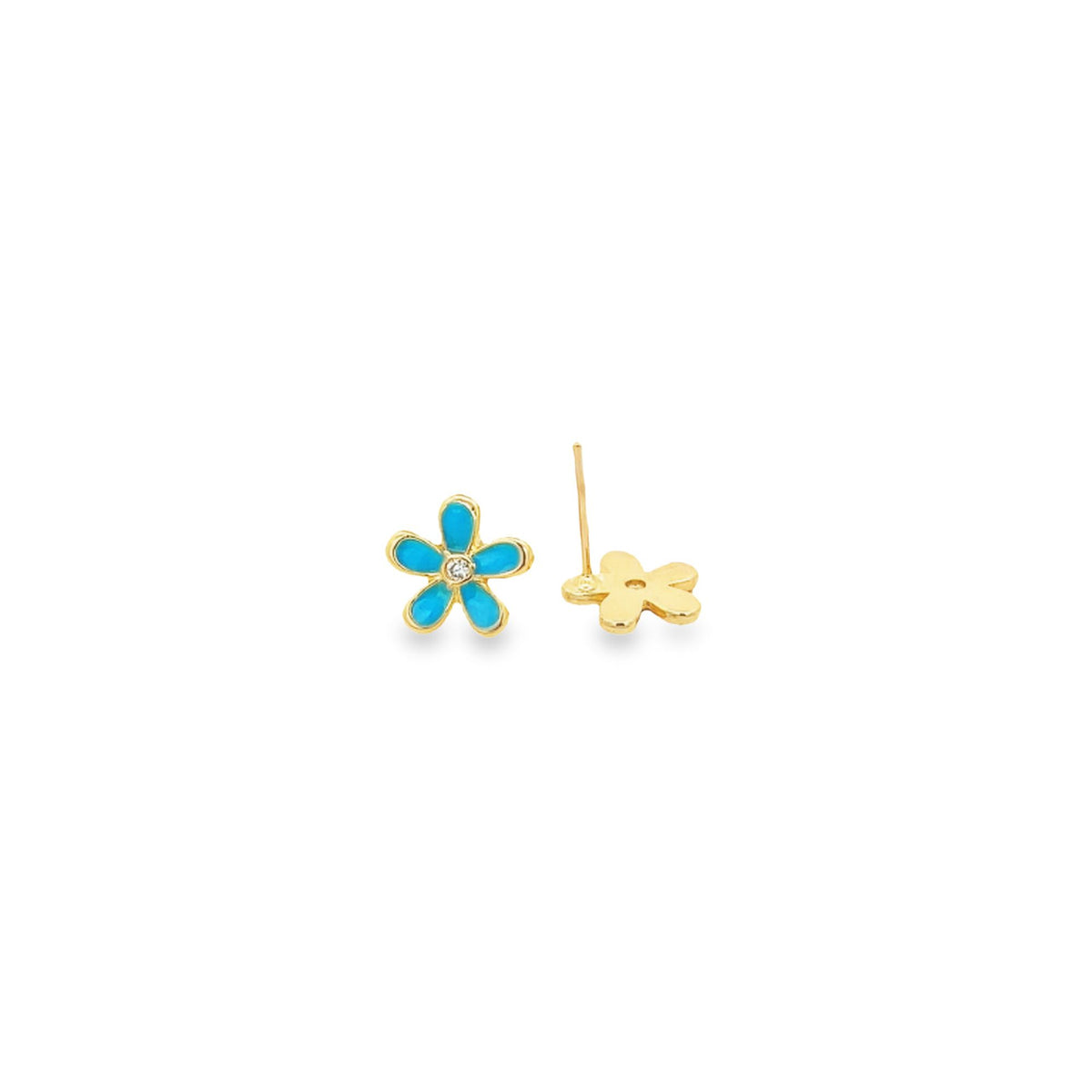 A pair of gold flower stud earrings features vibrant blue enamel petals and a sparkling diamond center.