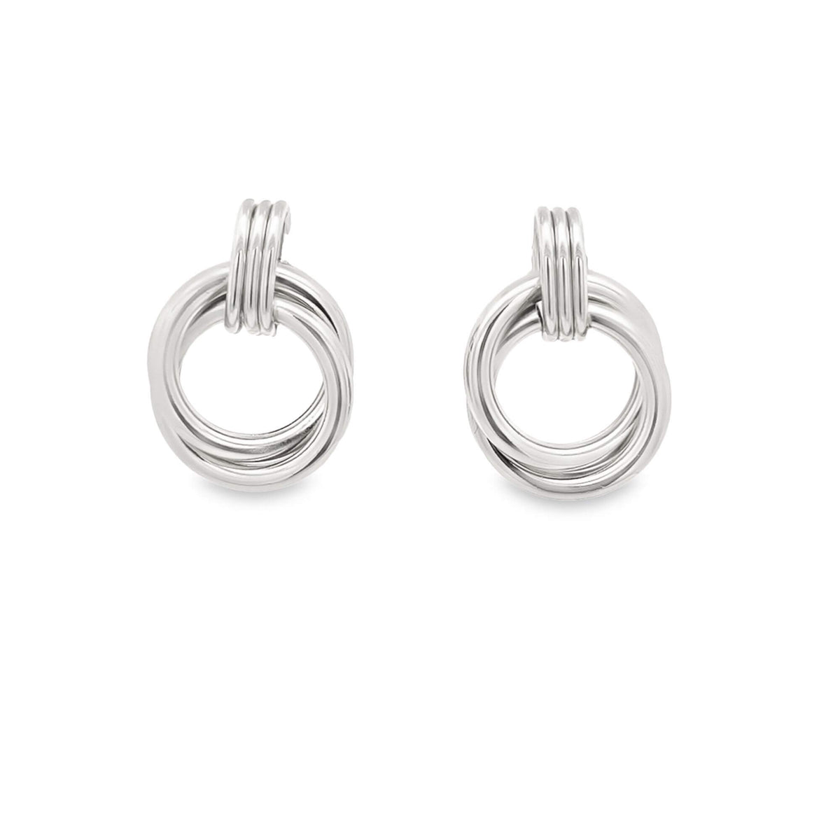 A pair of silver multi-hoop earrings featuring intertwined circular rings suspended from a polished clasp on a white background.