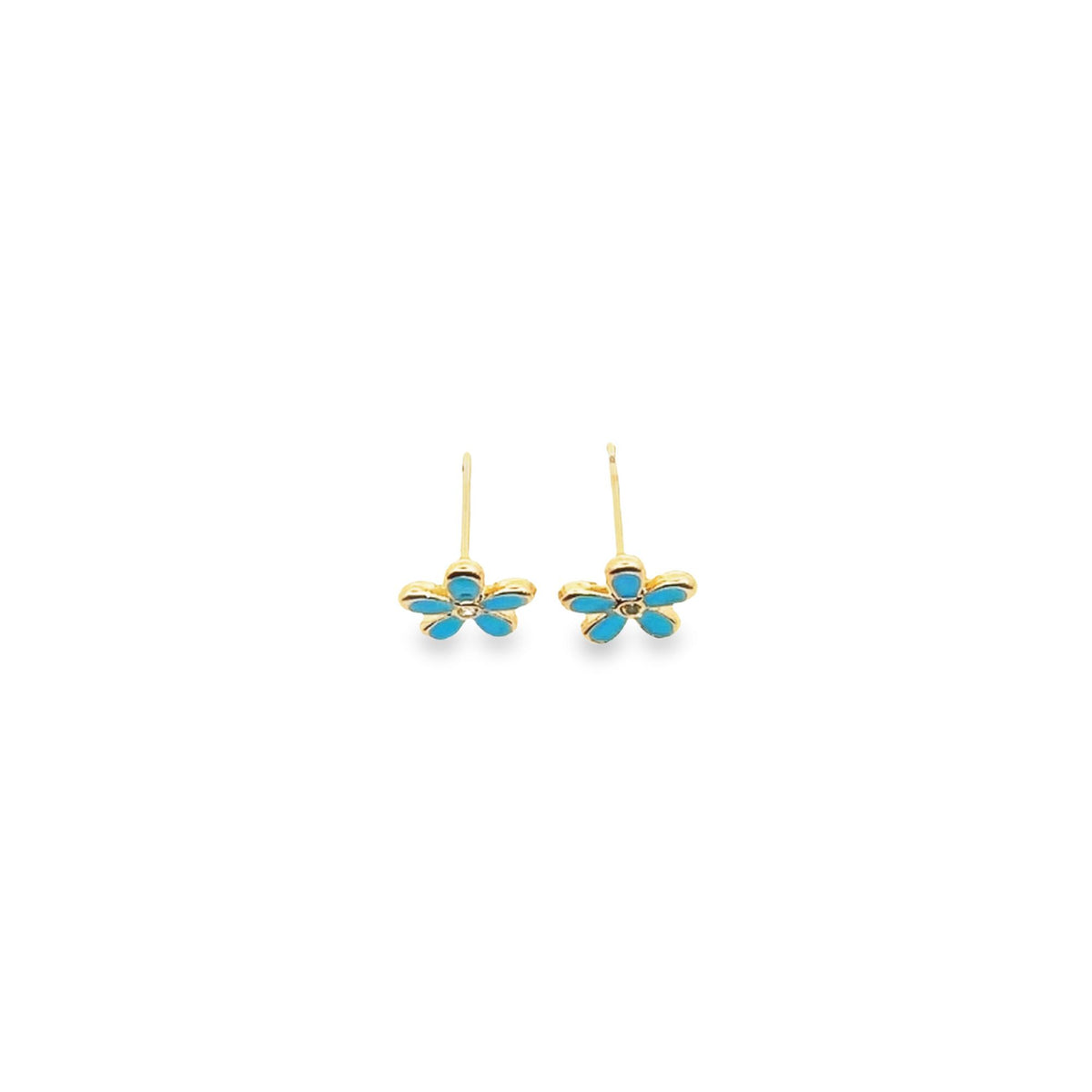 A pair of dainty gold stud earrings featuring vibrant blue enamel daisy flowers rests against a clean white background.