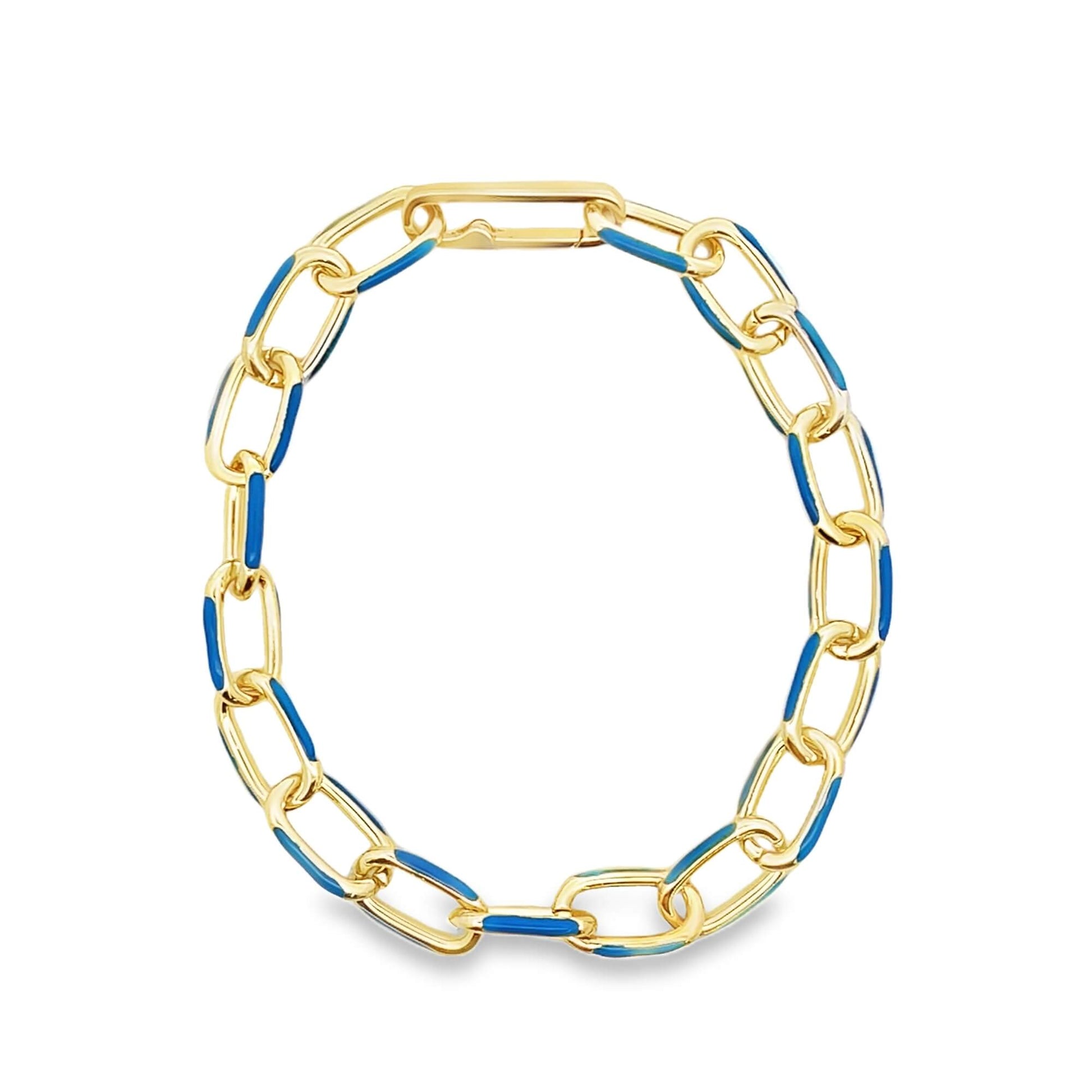 A gold link chain necklace features vibrant blue enamel accents along its interlocking paperclip links.