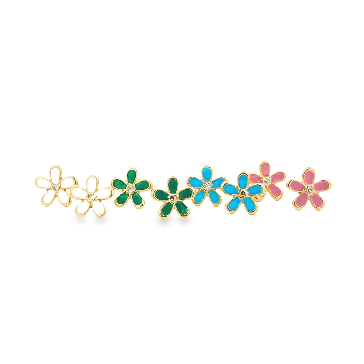 A line of colorful enamel flower earrings features alternating petals in white, green, blue, and pink, each accented with a central rhinestone.