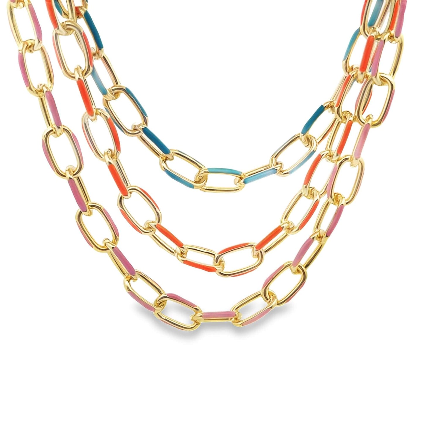 A stylish multi-strand gold chain necklace features interlocking links accented with vibrant enamel stripes in pink, orange, and blue.