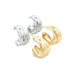 Two pairs of shiny thick hoop earrings in silver and gold rest side-by-side against a white background.
