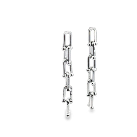 A pair of sleek silver chain-link drop earrings gleams against a white background.