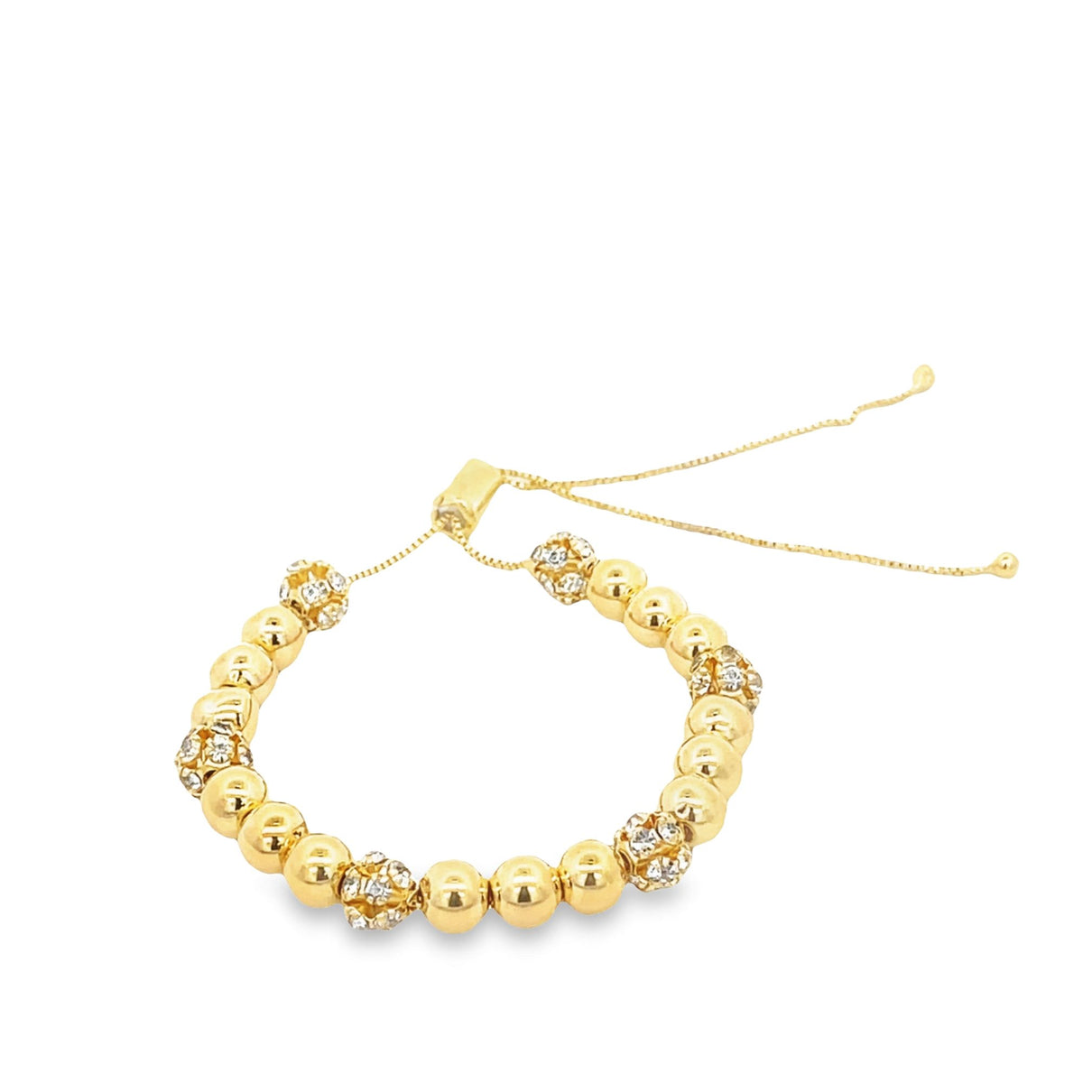 An adjustable gold beaded bracelet features sparkling rhinestone accent beads and a delicate chain closure against a clean white background.