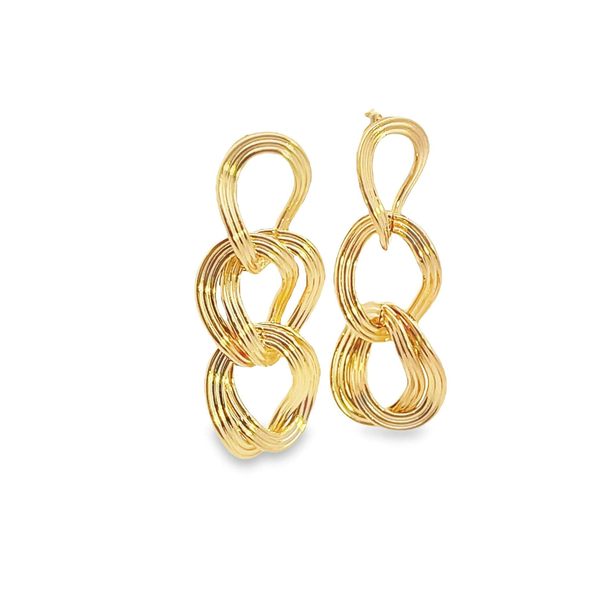 A pair of elegant gold-plated drop earrings featuring interlocking multi-strand chain links against a clean white background.