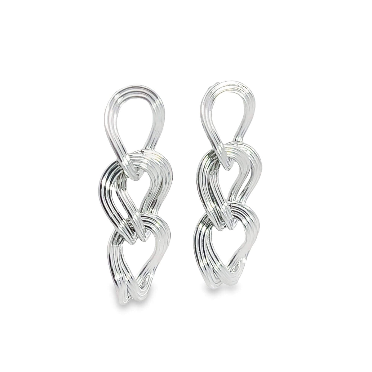 A pair of shiny silver multi-link drop earrings displays an intricate, intertwined design against a plain white background.