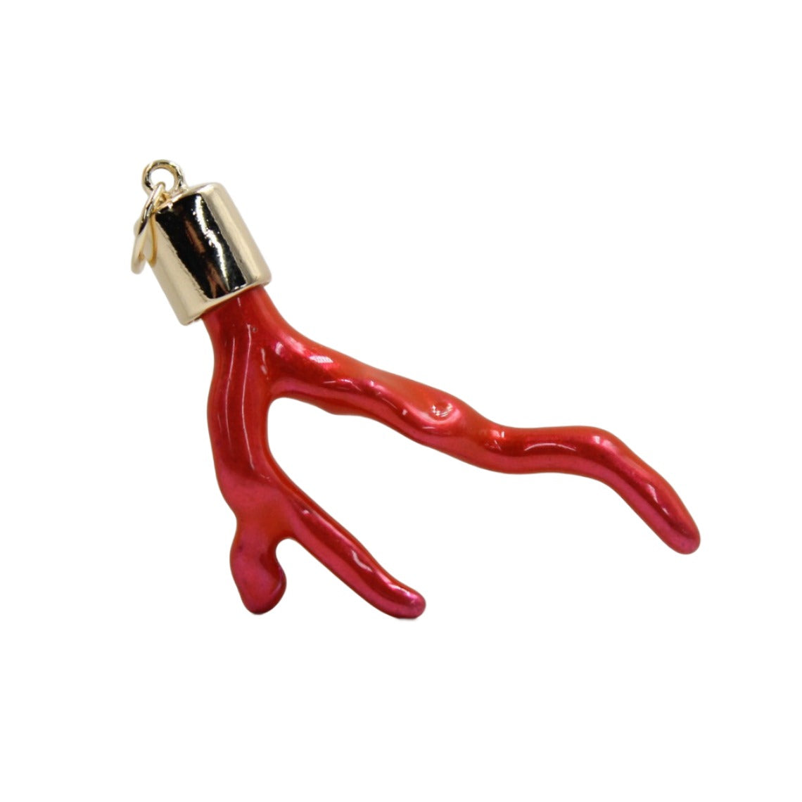 A vibrant red coral branch pendant features a glossy finish and a polished gold-toned metal cap with a small loop for hanging.