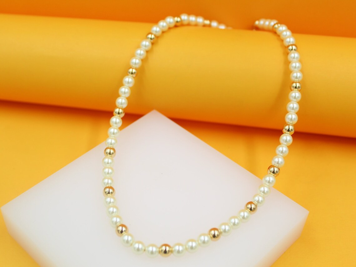 18K Gold Filled White Pearl Beaded Bracelet (F249A)(I185)