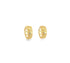 A pair of textured gold hoop earrings featuring cut-out heart patterns rests against a clean white background.