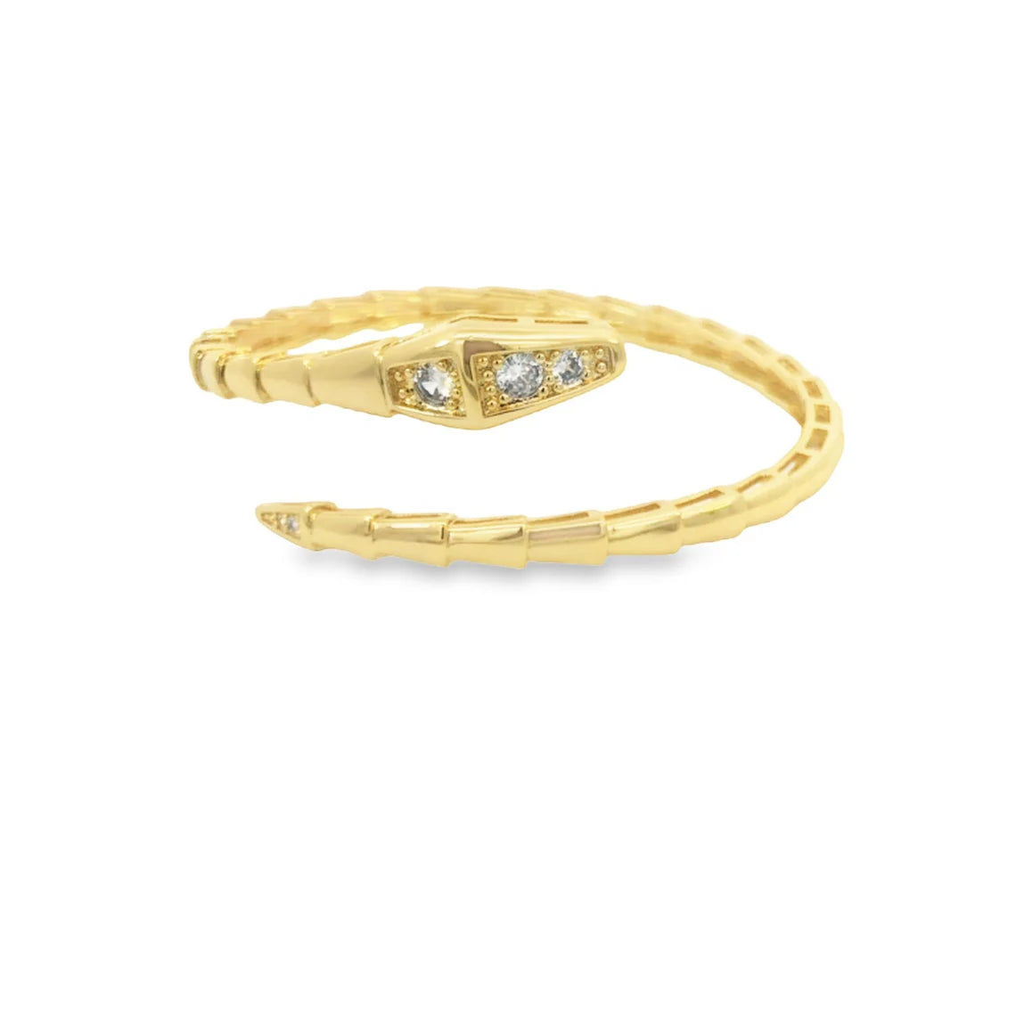 A gold snake ring curls open with sparkling diamond accents on its head.