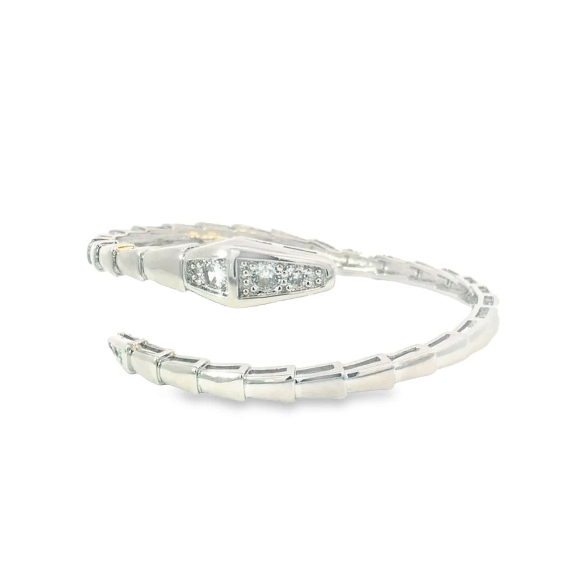 A silver diamond snake ring coils elegantly against a clean white background.
