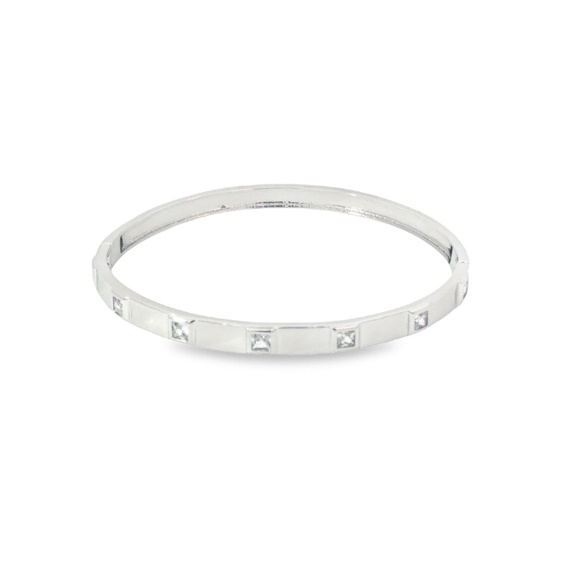 A sleek silver bangle bracelet features evenly spaced square-cut cubic zirconia stones on a white background.