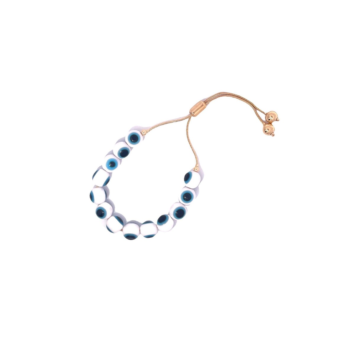 A gold adjustable evil eye bracelet features white and blue glass beads against a clean white background.