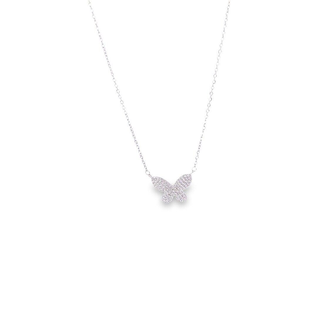 A delicate silver chain necklace features a sparkling diamond-pave butterfly pendant centered against a clean white background.