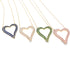 Four delicate gold necklaces feature shimmering heart-shaped pendants encrusted with blue, white, green, and pink crystals.