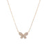 A delicate gold butterfly pendant necklace sparkles with pavé crystals on a fine chain against a white background.