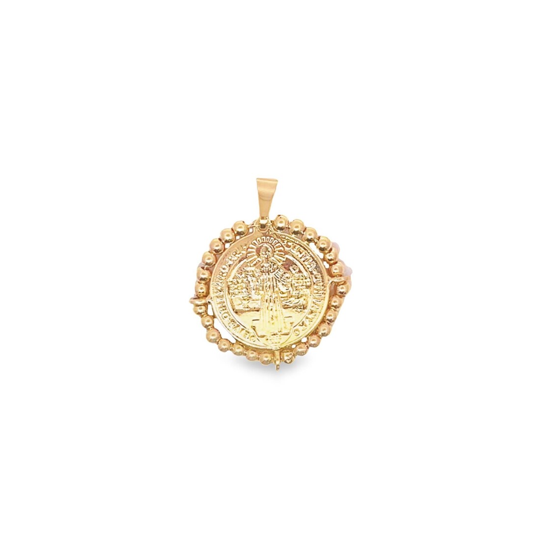 A round gold pendant featuring a detailed religious figure is encircled by a decorative beaded border against a clean white background.