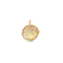 A round gold pendant featuring a detailed religious figure is encircled by a decorative beaded border against a clean white background.