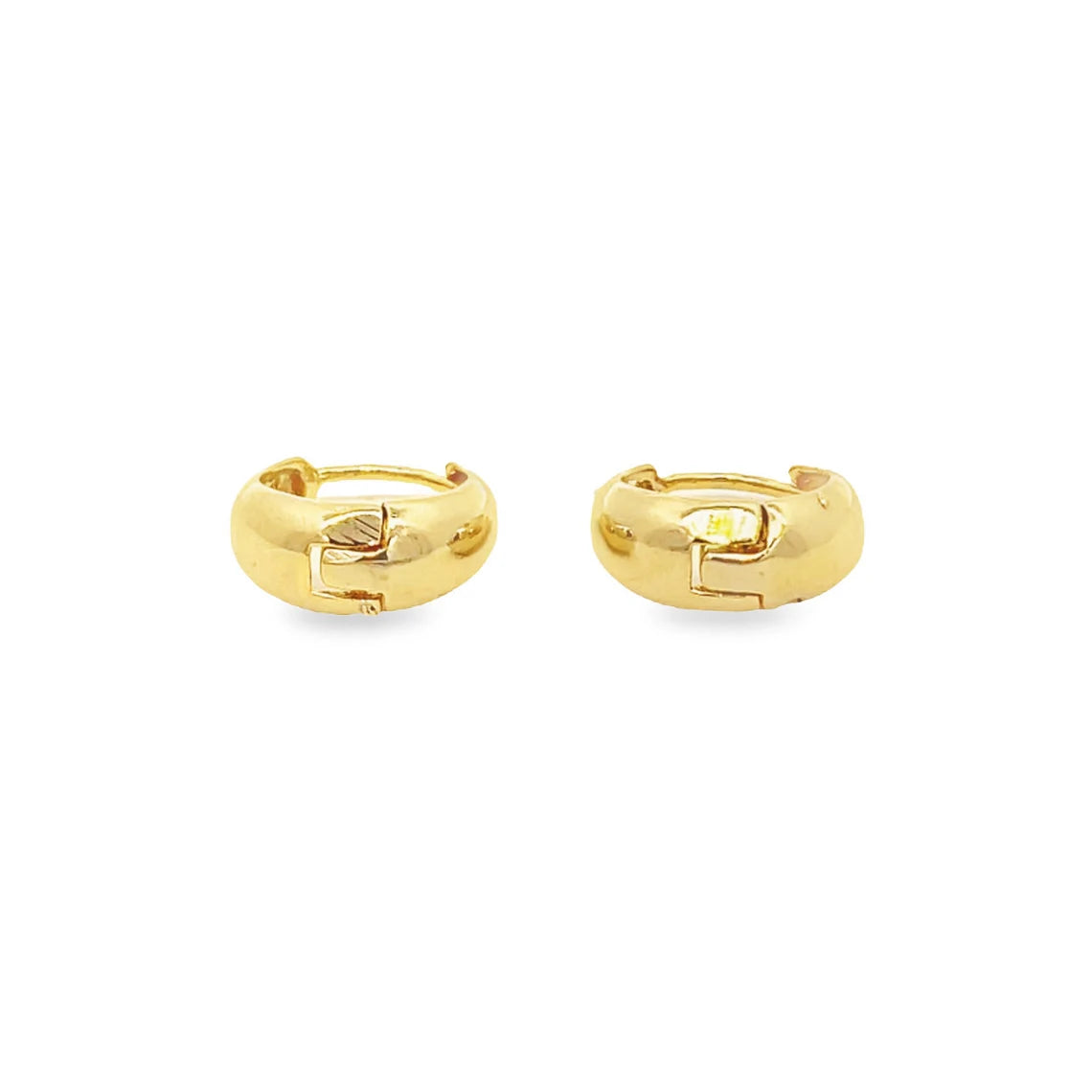 A pair of polished gold hoop earrings displays secure hinged closures against a clean white background.