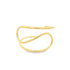 A modern gold ear cuff features a sleek, abstract multi-band design resting against a plain white background.