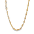 A gold and silver twisted rope necklace rests against a white background.