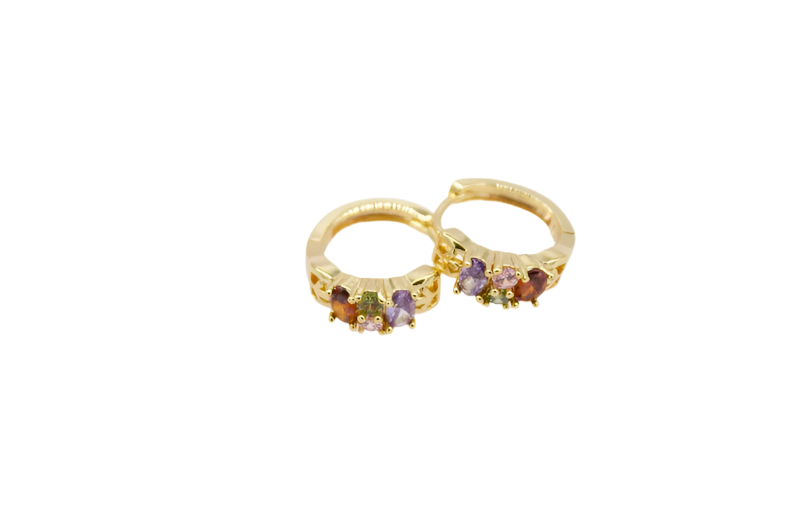 A pair of gold hoop earrings features multicolored gemstone accents against a clean white background.