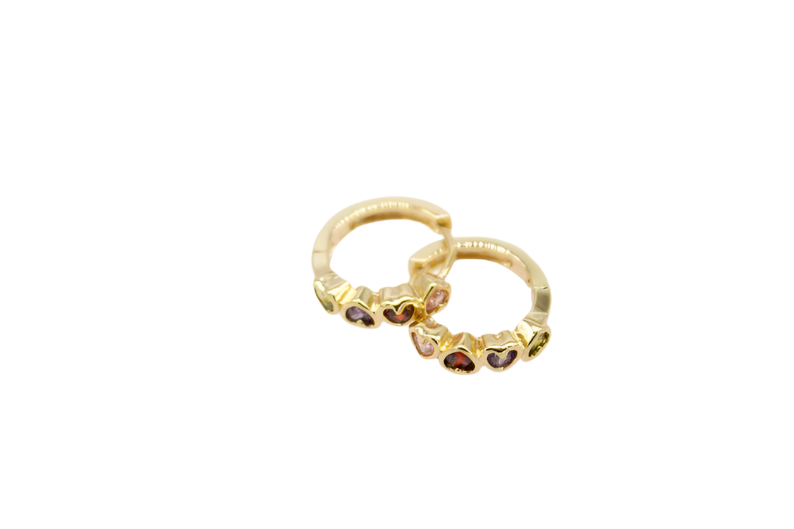 A pair of gold huggie hoop earrings features multicolored heart-shaped gemstones.