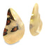 A pair of glossy, abstract gold earrings displays smooth, organic teardrop shapes against a white background.