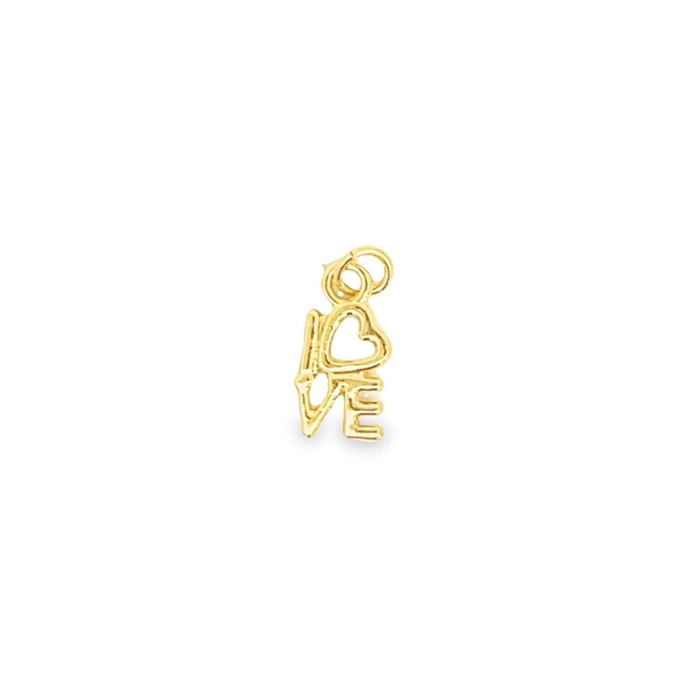 A shiny gold charm featuring the word "love" with a heart-shaped O hangs against a plain white background.