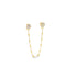 A gold chain earring features two sparkling stud stones connected by a delicate beaded drape against a white background.