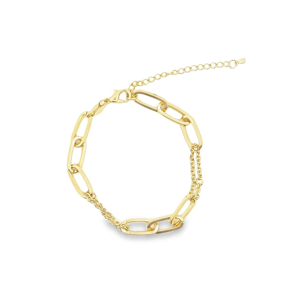 A gold paperclip chain bracelet features a delicate double-strand design against a plain white background.