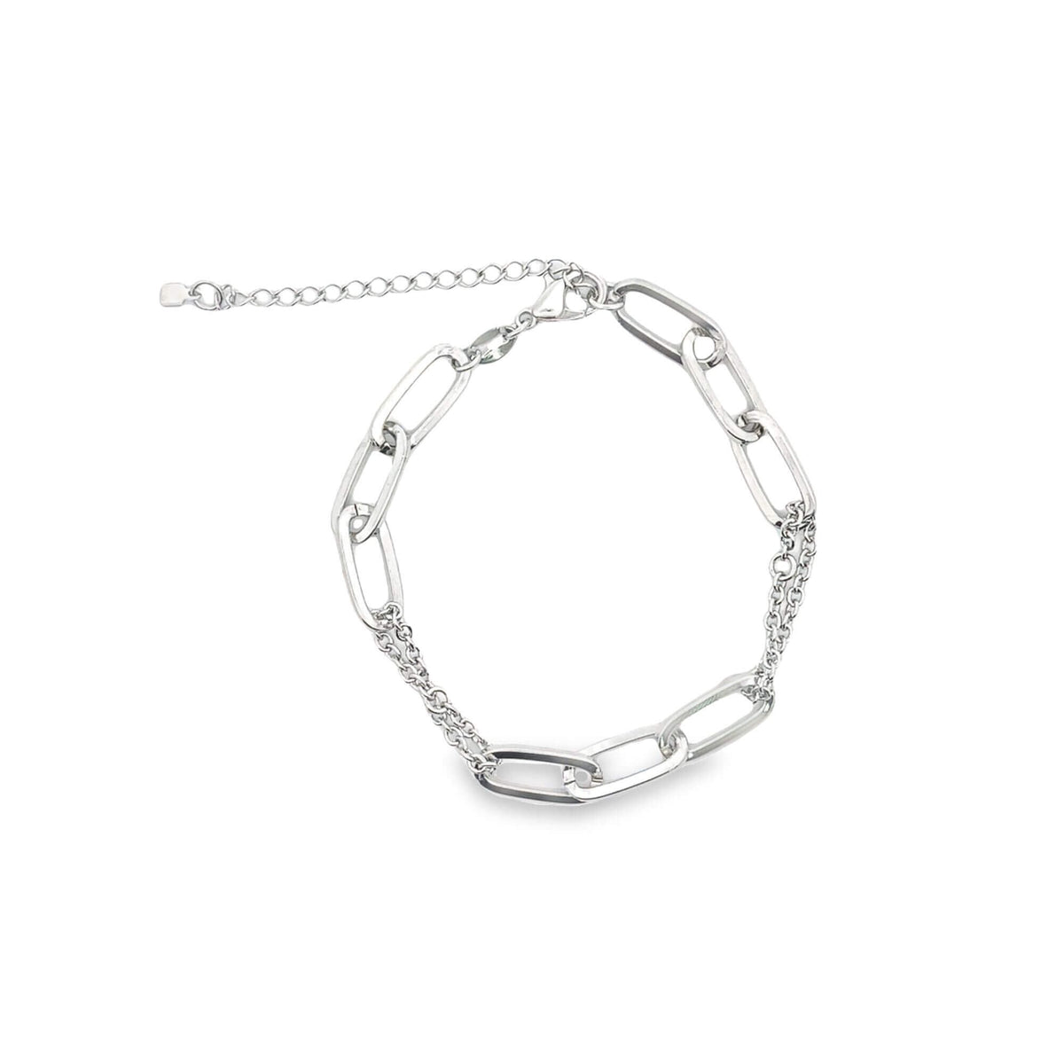 A shiny silver link chain bracelet features a combination of chunky geometric links and delicate dual chains against a white background.