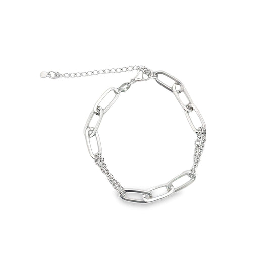 A shiny silver link chain bracelet features a combination of chunky geometric links and delicate dual chains against a white background.