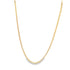 A delicate gold chain necklace hangs against a plain white background, showcasing its intricate textured links.