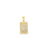A two-tone gold rectangular pendant features a detailed engraving of Our Lady of Guadalupe surrounded by radiating sunburst rays.