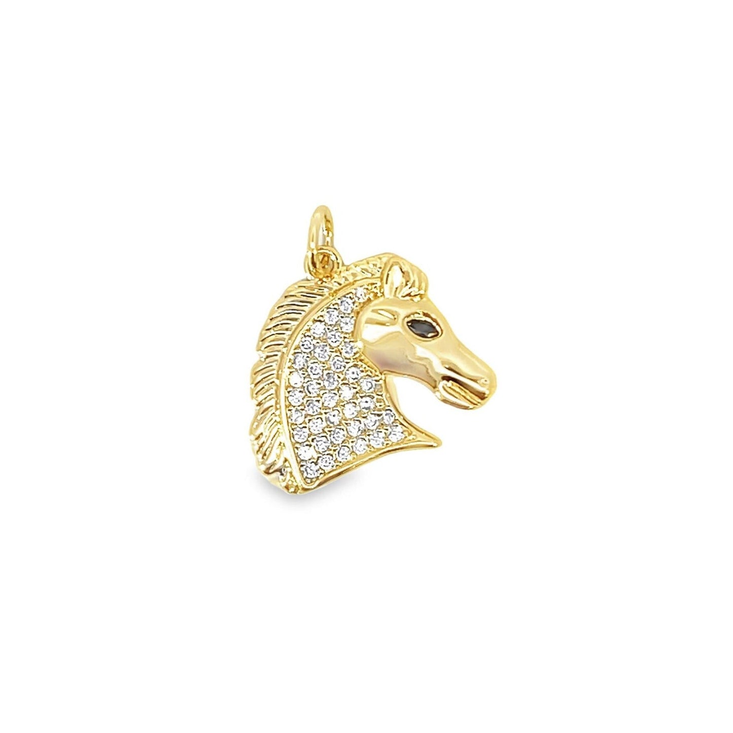A gold horse head pendant features a mane sparkling with pave diamonds.